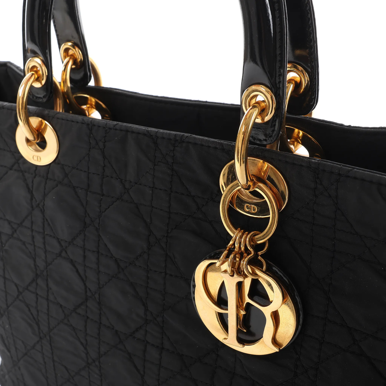 Dior Lady Dior Large Cannage Nylon x Patent Leather 2Way Handbag in Black