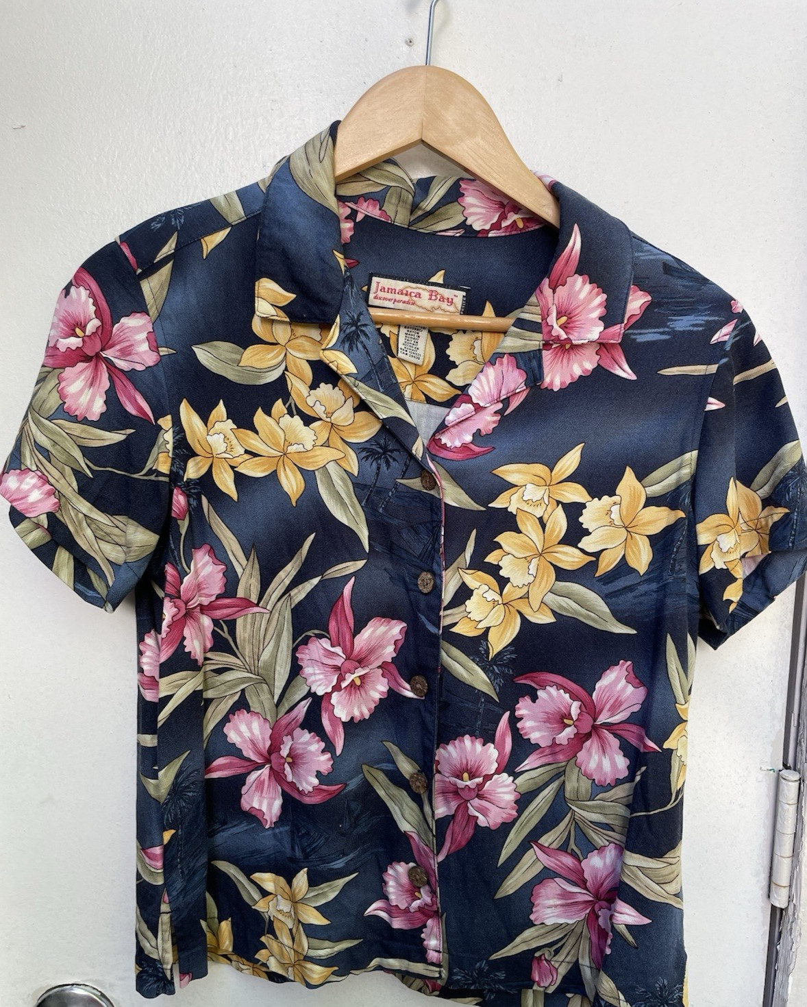 Blue Floral Tropical Hawaiian Jamaica Bay Button Up Shirt Women PM