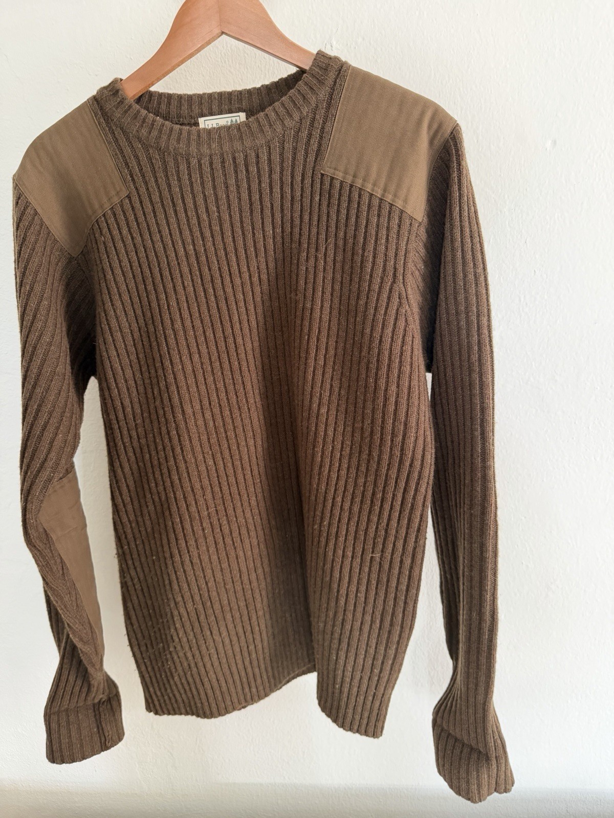 Vintage LL Bean Commando Sweater Mens L 100% Merino Lambs Wool Patches Military