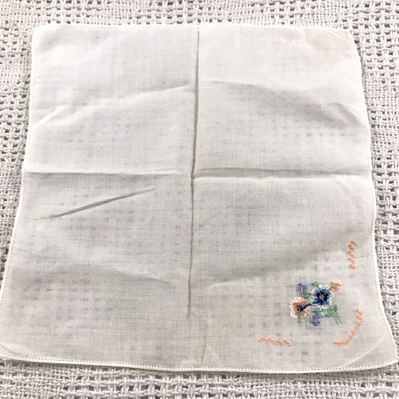 Embroidered Floral Handkerchief Pink Blue White Simple Delicate 9.5″ Vintage