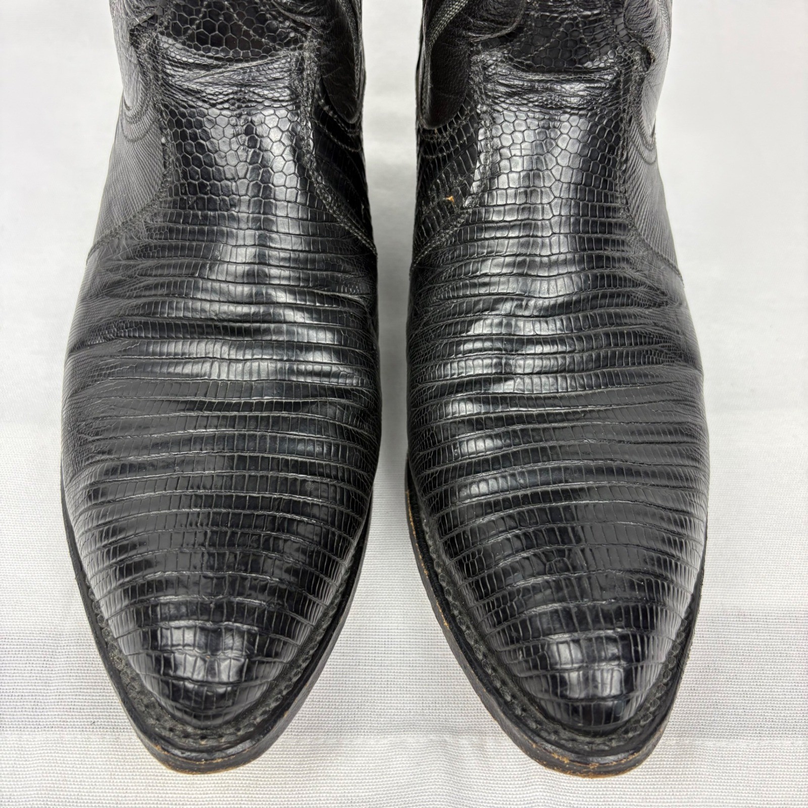 Vintage Dan Post Cowboy Boots Teju Lizard Size 8EW Black Exotic 350J Pointed Toe