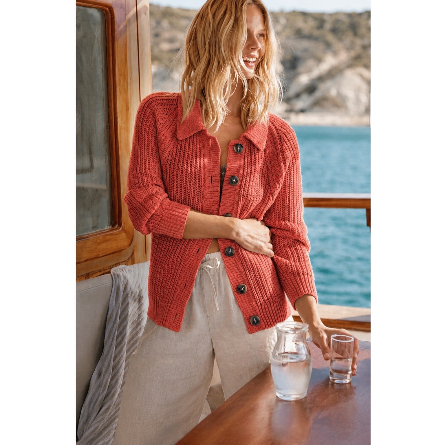 Garnet Hill Maren Cardigan Sweater Med Organic Cotton Linen Shaker Knit Collared
