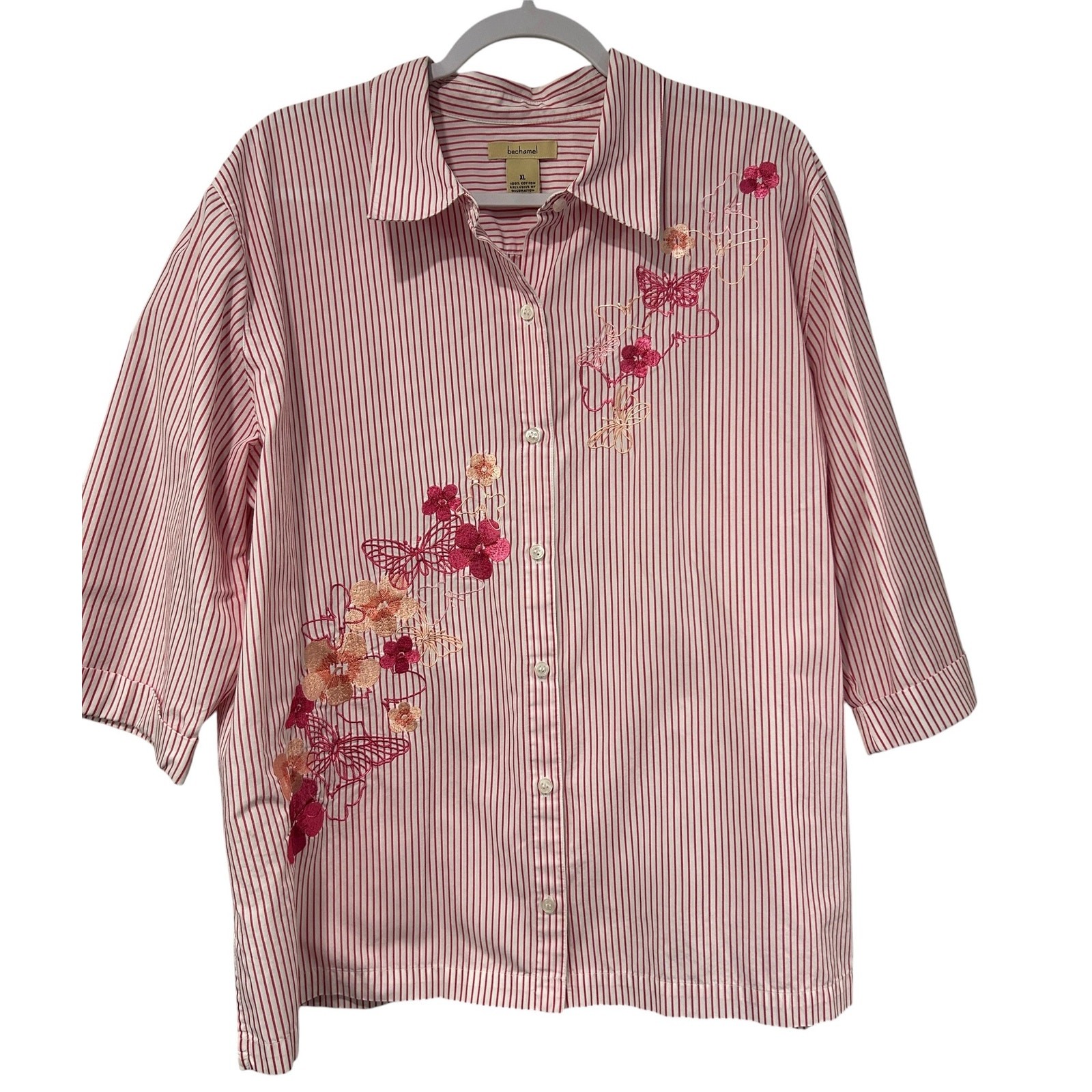 Embroidered Floral Butterfly Stripe Button Shirt Cottage Artsy Pink XL Bechamel