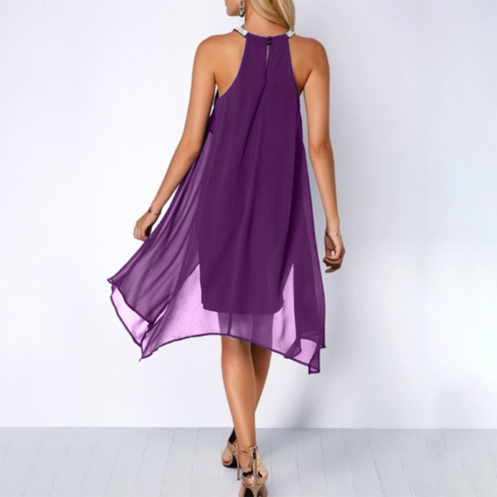 Womens Chiffon Halter Neck Mini Dress Ladies Evening Cocktail Party Gown Size 16