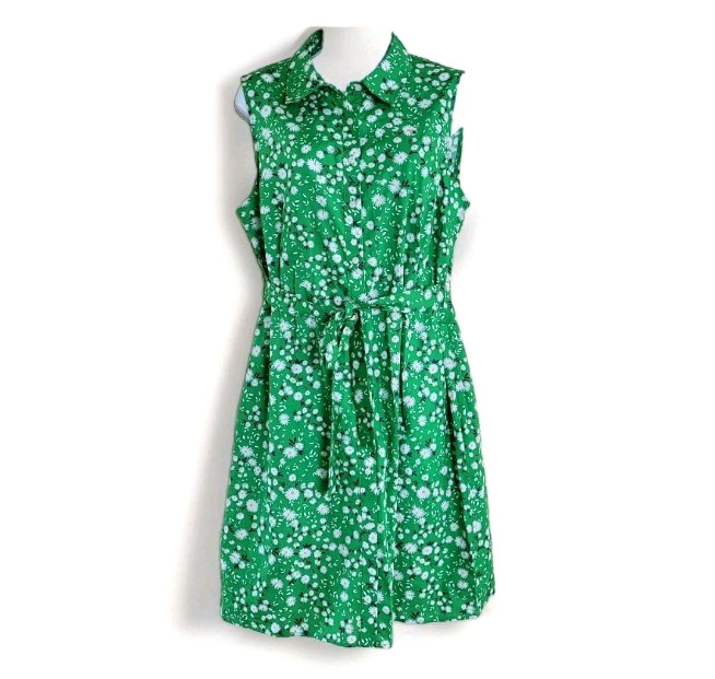Tommy Hilfiger Button Front Woven Cotton Dress Womens Size 12 Floral Green Blue