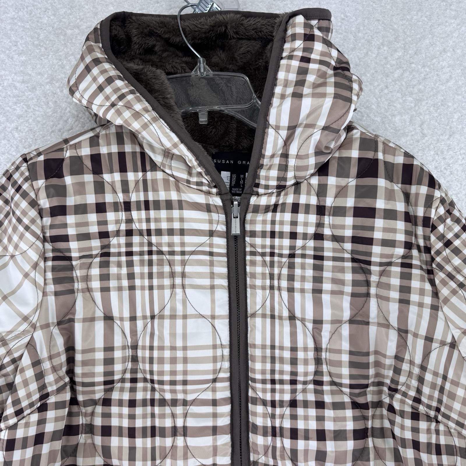 Susan Graver Reversible Quilted Woven Plush Fleece Jacket Coat Medium Plaid