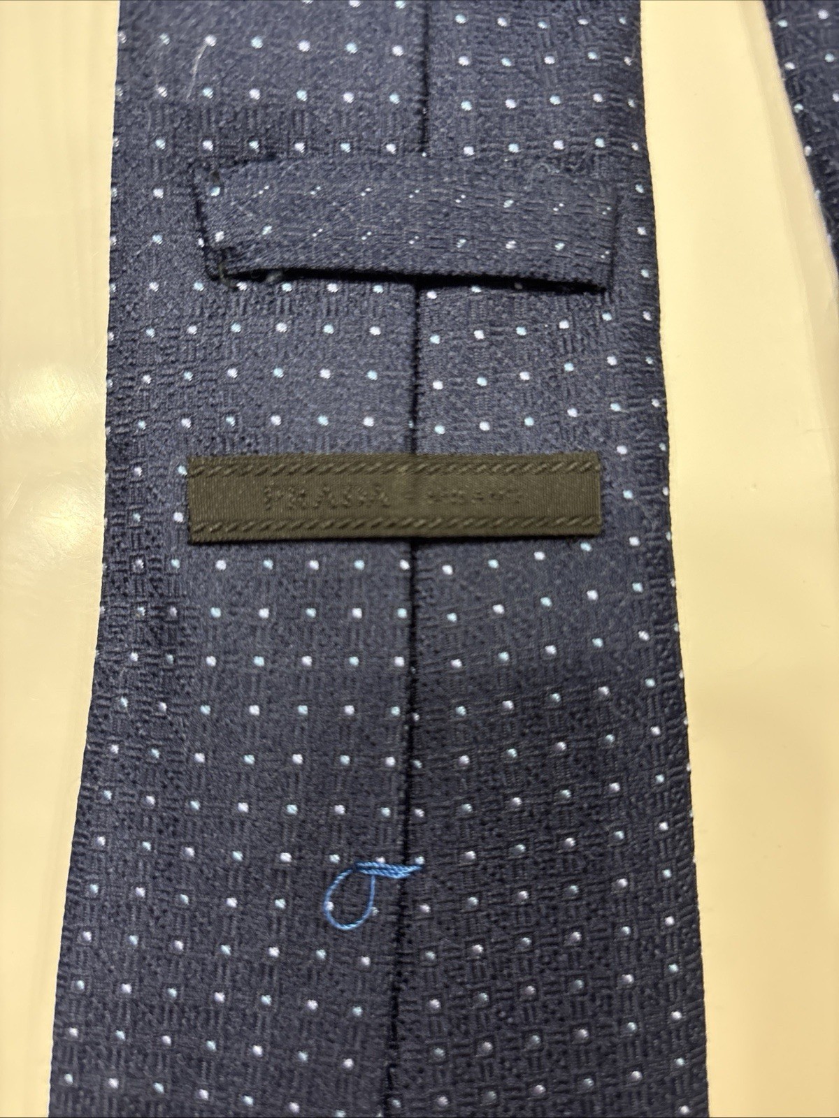 Prada Milano Men’s Tie Silk Jacquard Polka Dot Navy/White Pointed Logo