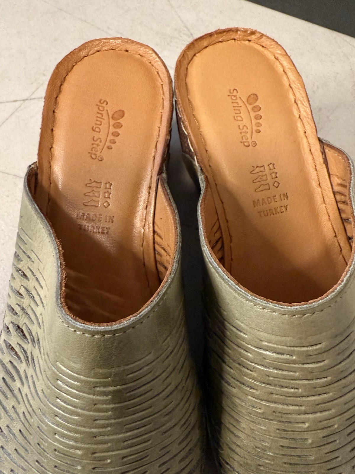 Spring Step Mule Sandals Size EU 38 7.5-8 Cunacena Olive Leather Wedge Heel BOX