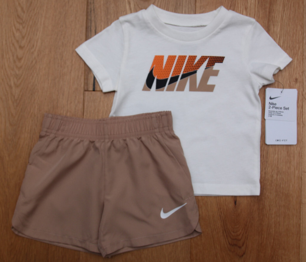Nike Baby Boy T-Shirt & Shorts Set ~ Off-White, Tan, Black & Orange ~ Size 12M