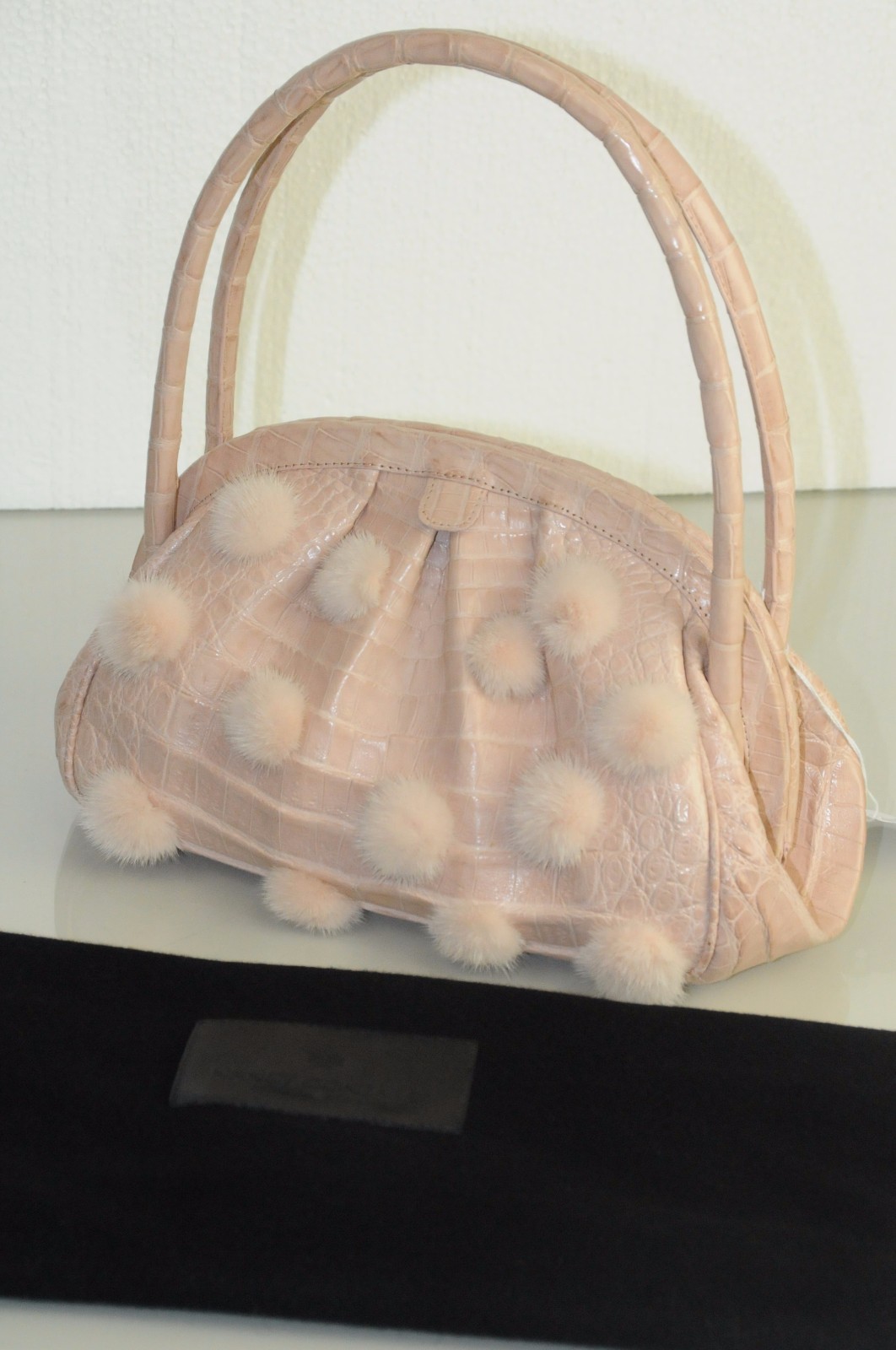 $3600 NEW Nancy Gonzalez Pale Pink CROCODILE Mink Pom Pom BAG Clutch