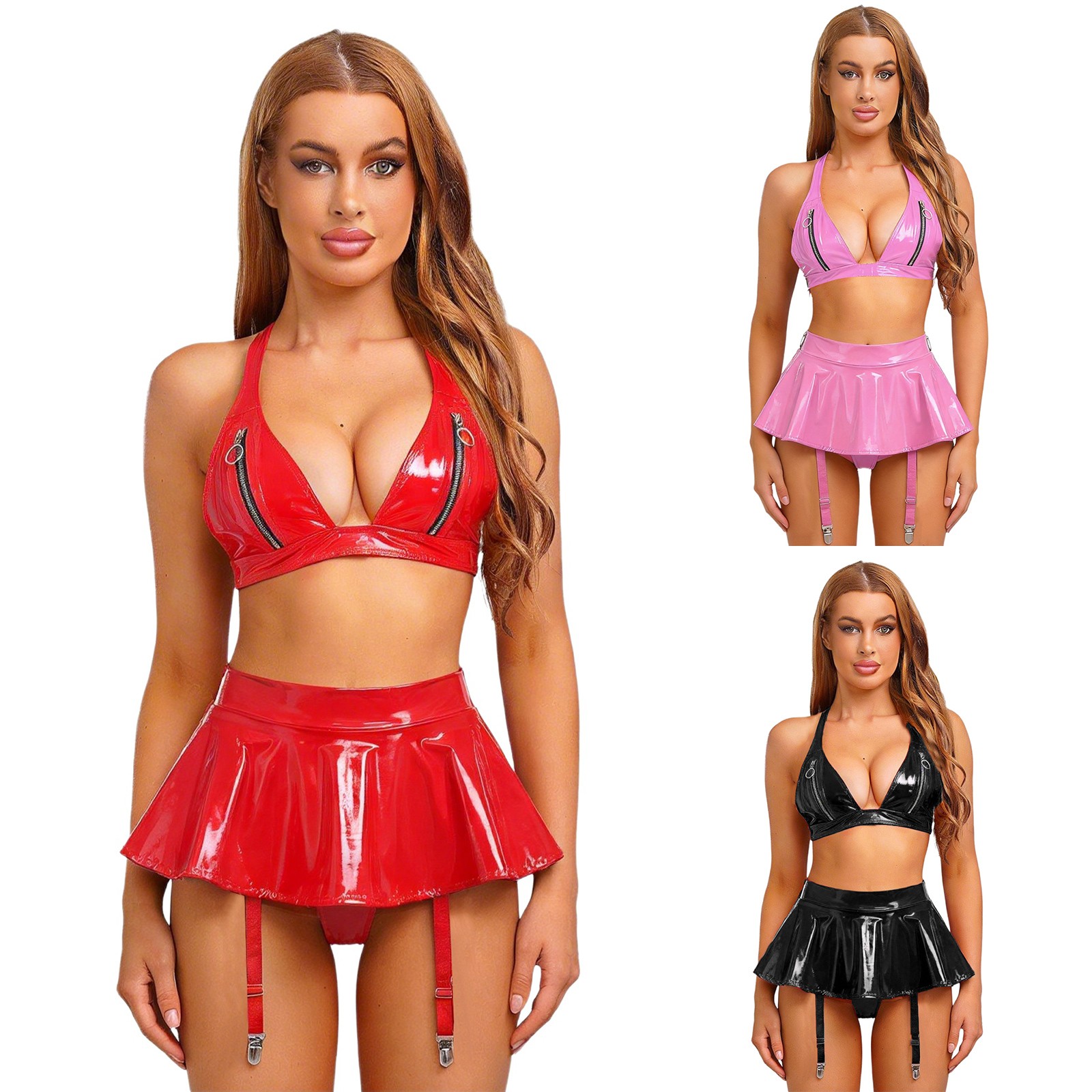 Women’s Wet Look PVC Leather Lingerie Set Latex Bra Top and Miniskirt Clubwear
