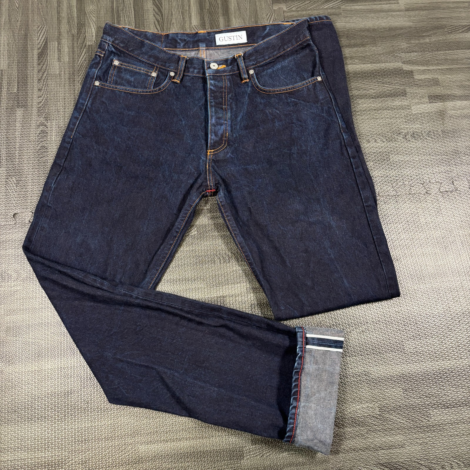 Gustin Jean Men 34×35 Blue USA Dark Wash Denim Selvedge Slim Straight Button Fly