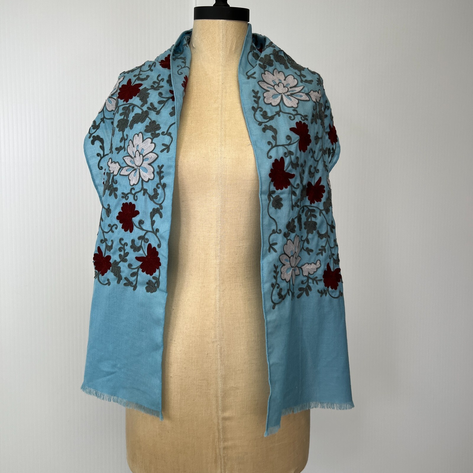 Floral Scarf Women 60.5×12.75 Wool Silk Casual Shawl Fringe Resort Work Party Ex