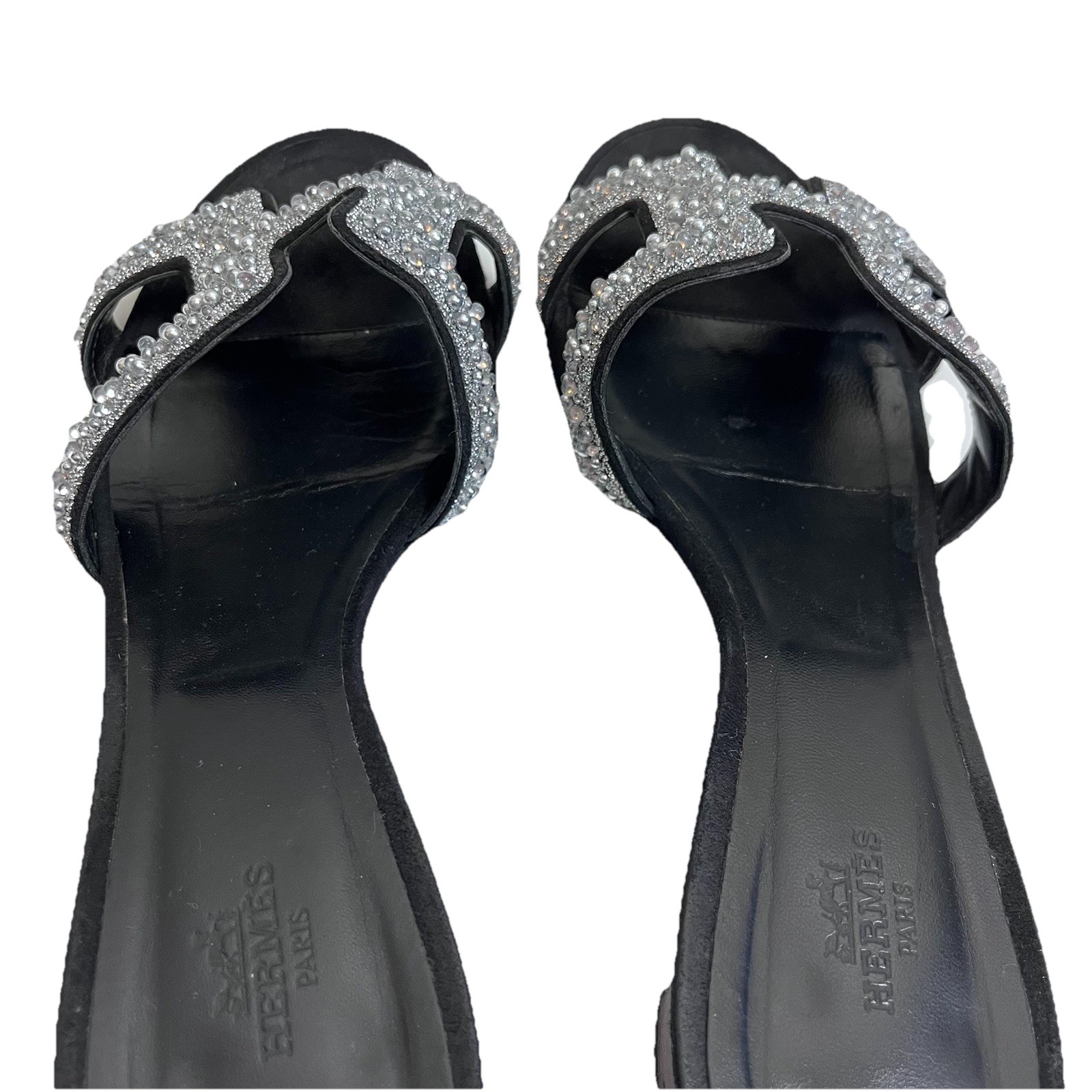 Hermès Oran Crystal Heeled Mule Sandals Black Leather 40 Silver Glitter Heels