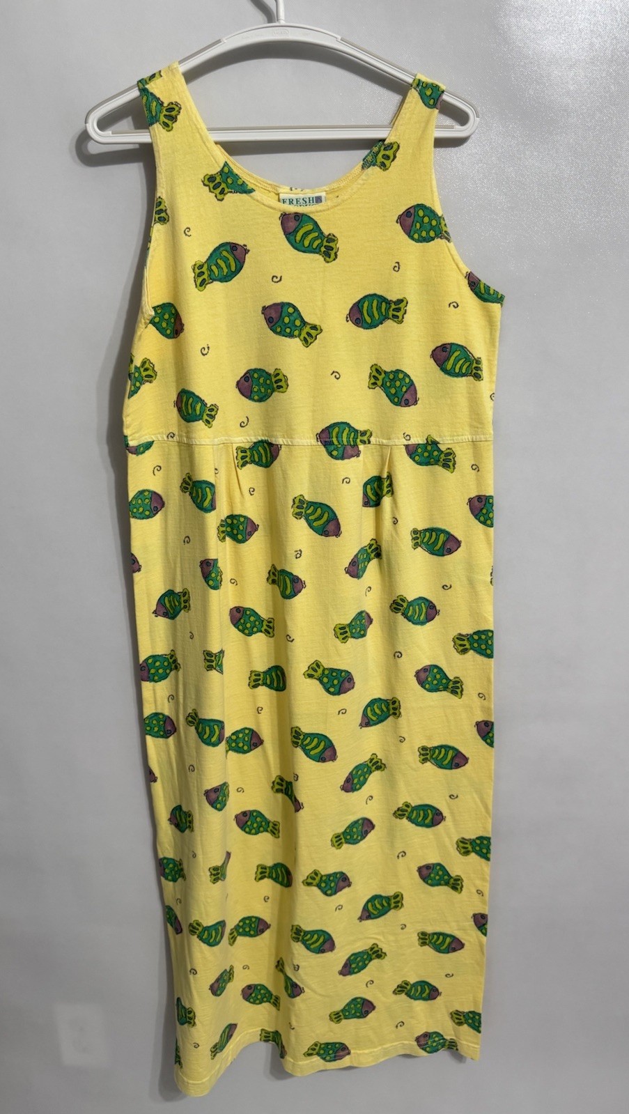 Fresh Produce Medium Vintage Maxi Dress Women’s Fish Print Cotton Yellow Beach