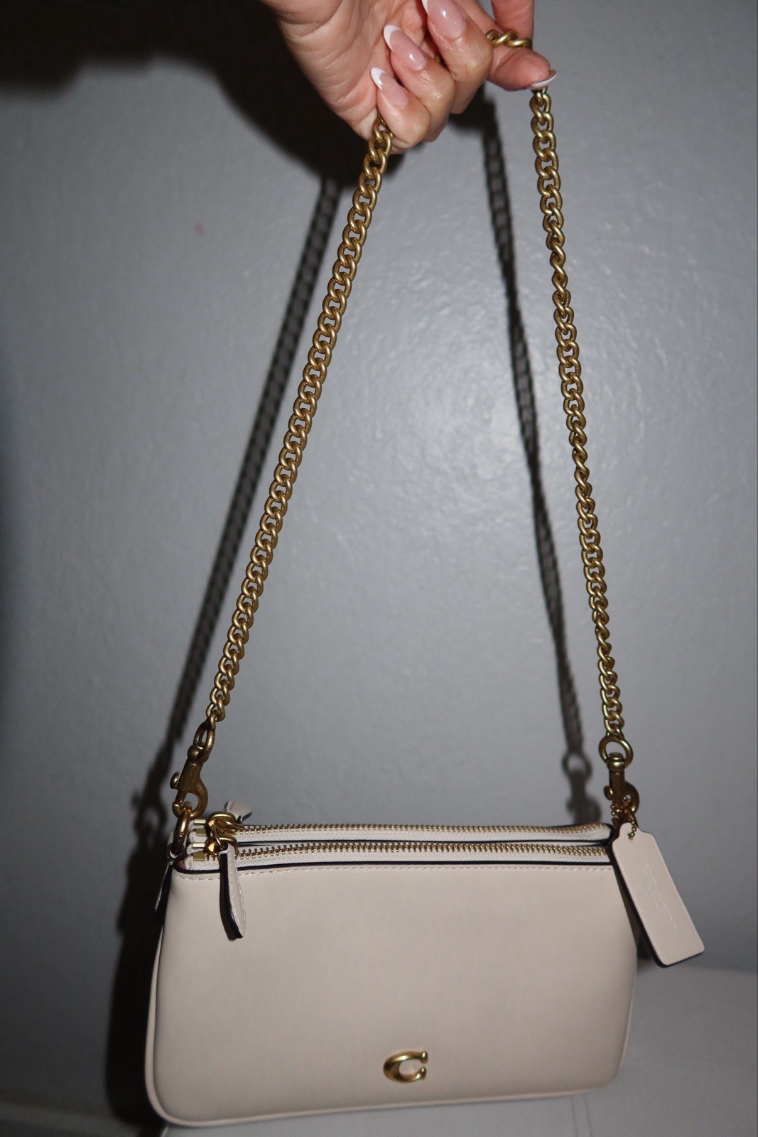 Coach Beige Small Shoulder Bag Double Zip with Gold Chain Strap & Dust Bag