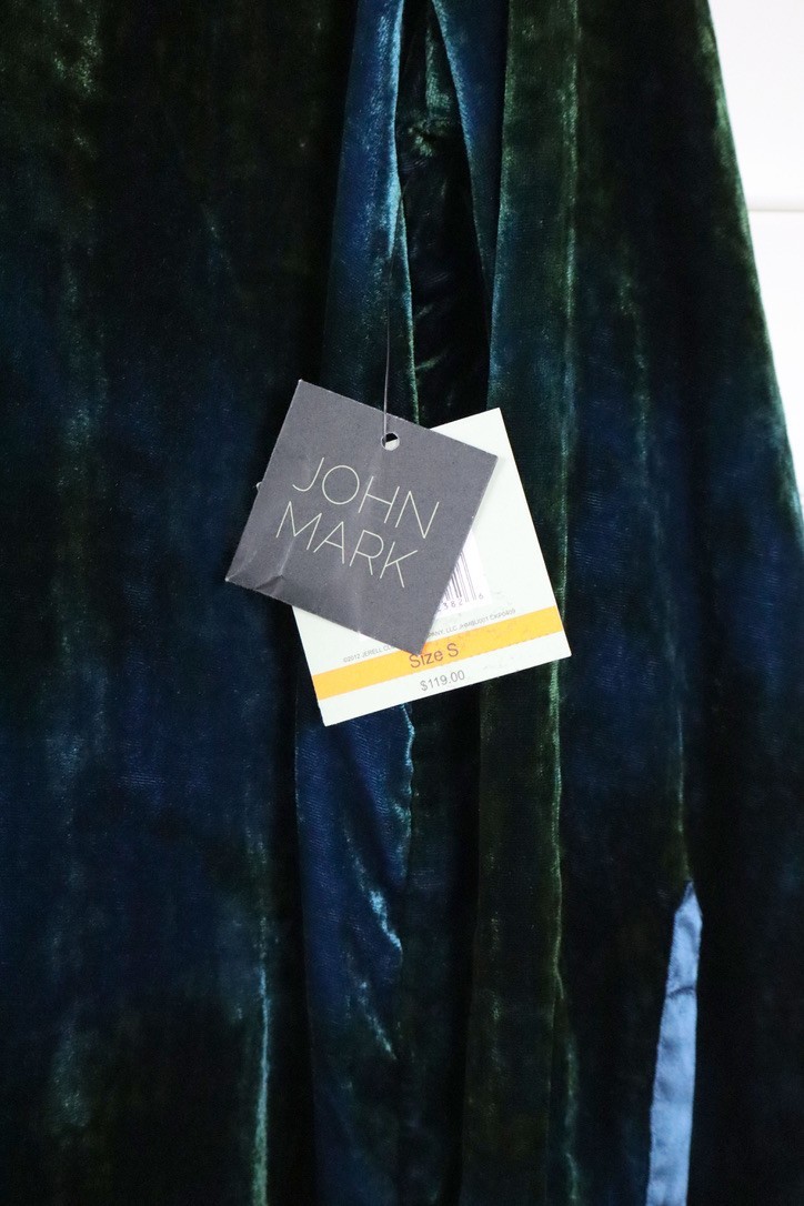 JOHN MARK NWT $119 Velvet Soft Button Up Hi Lo Blue Green Shirt Top Size Small