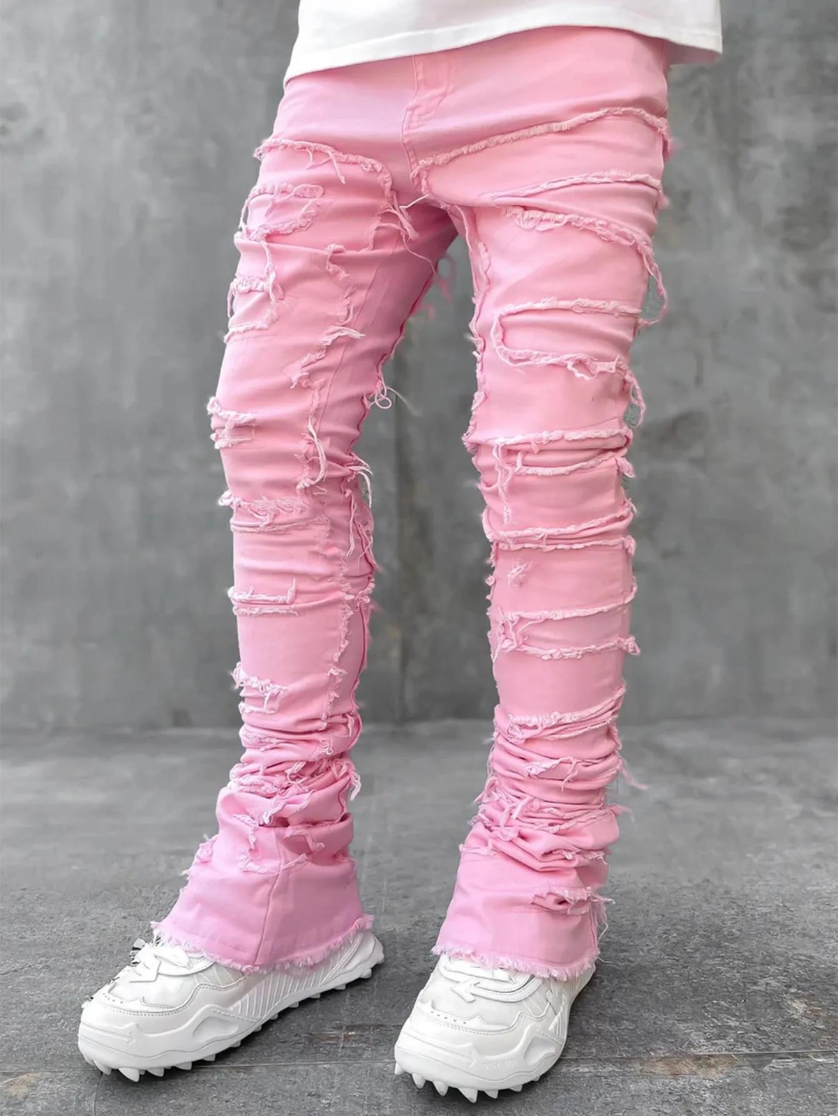 Men Fashion Jeans Street Stretch Patch Skinny Denim Straight Stacked Slim Pants
