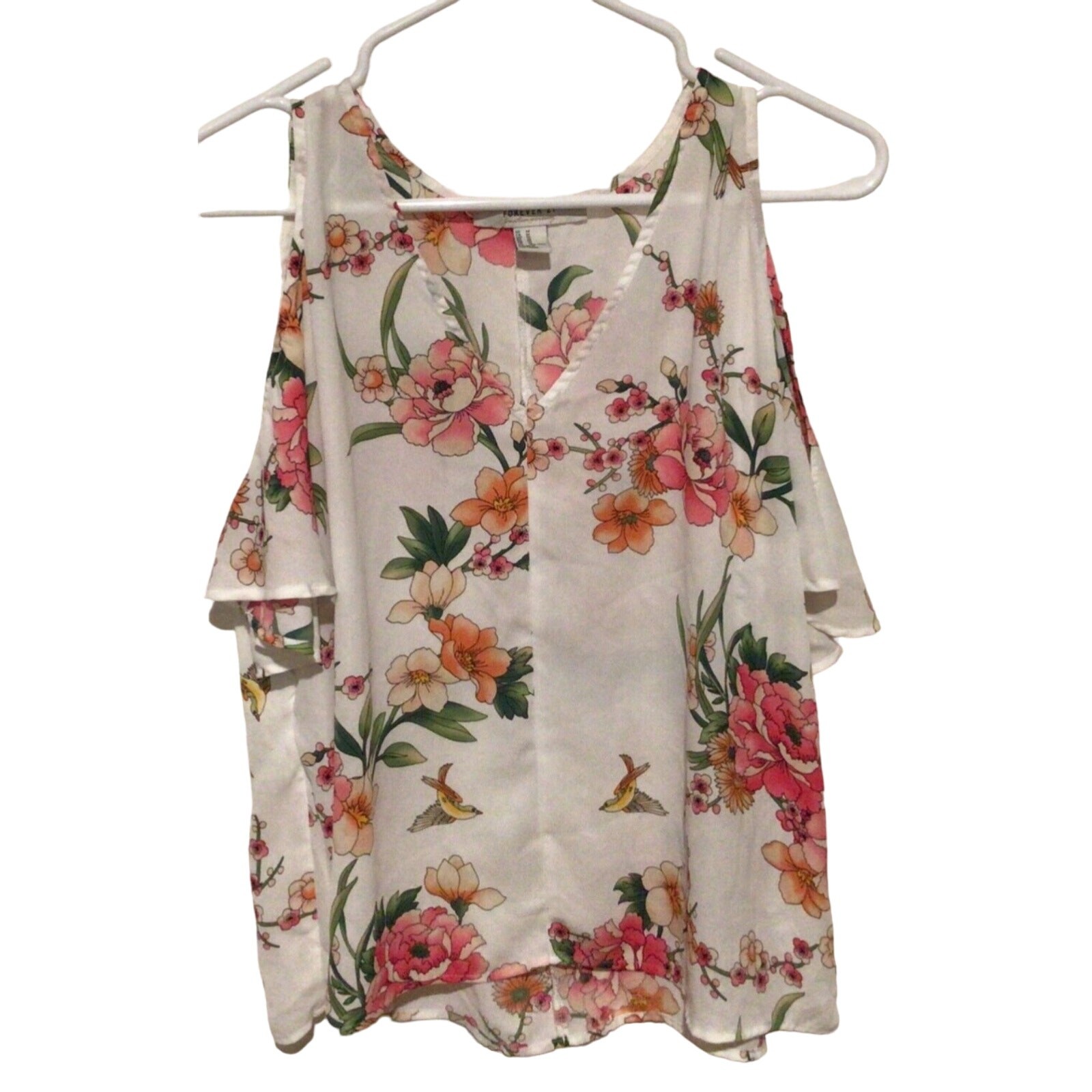 Forever 21 Womens Floral Open Shoulder Semi Sheer Pullover Top Size Medium