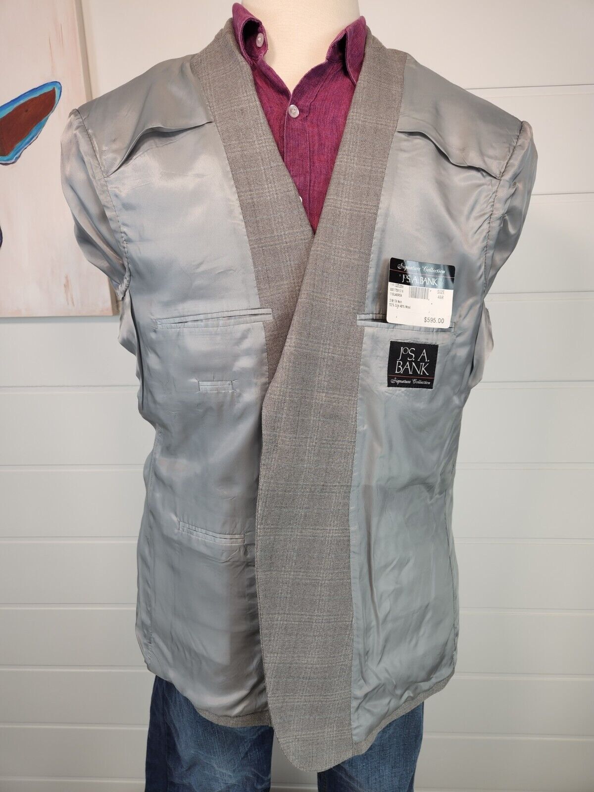 Jos A Bank Mens Two Button Blazer Signature Coll Grey Glen Check Silk Blend 46R