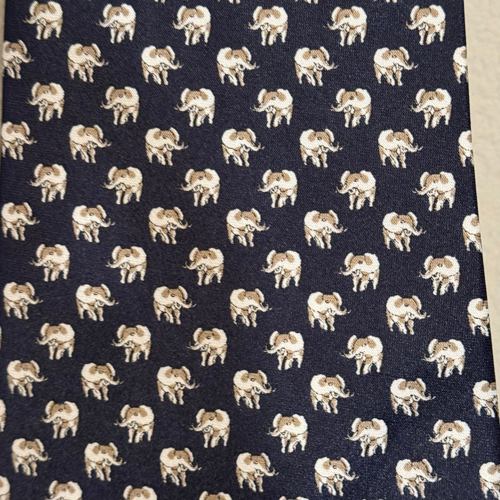 Thailand Men’s Deep Navy Hand-Made 100% Silk Tie Elephant Print Eclectic Preppy