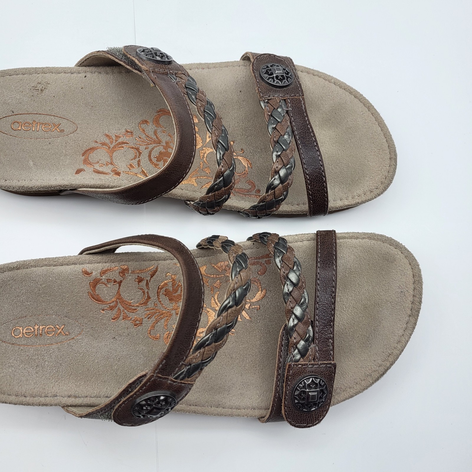 Aetrex Women’s Janey Sport Slide Walking Comfort Sandals Brown Leather Sz 8.5