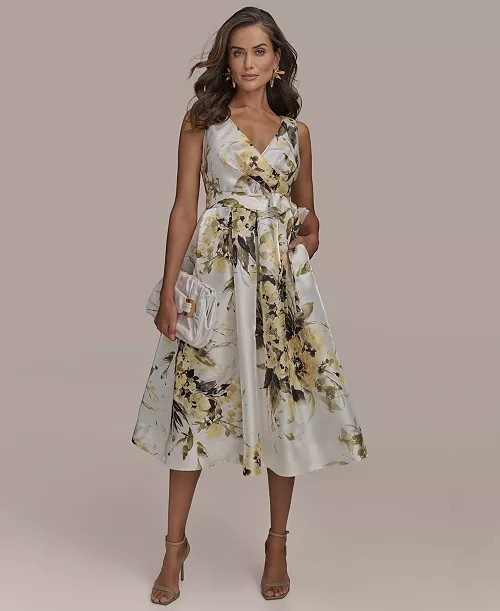 Donna Karan New York Floral Midi Dress Size 6 Ivory Satin Fit Flare NWT Pockets