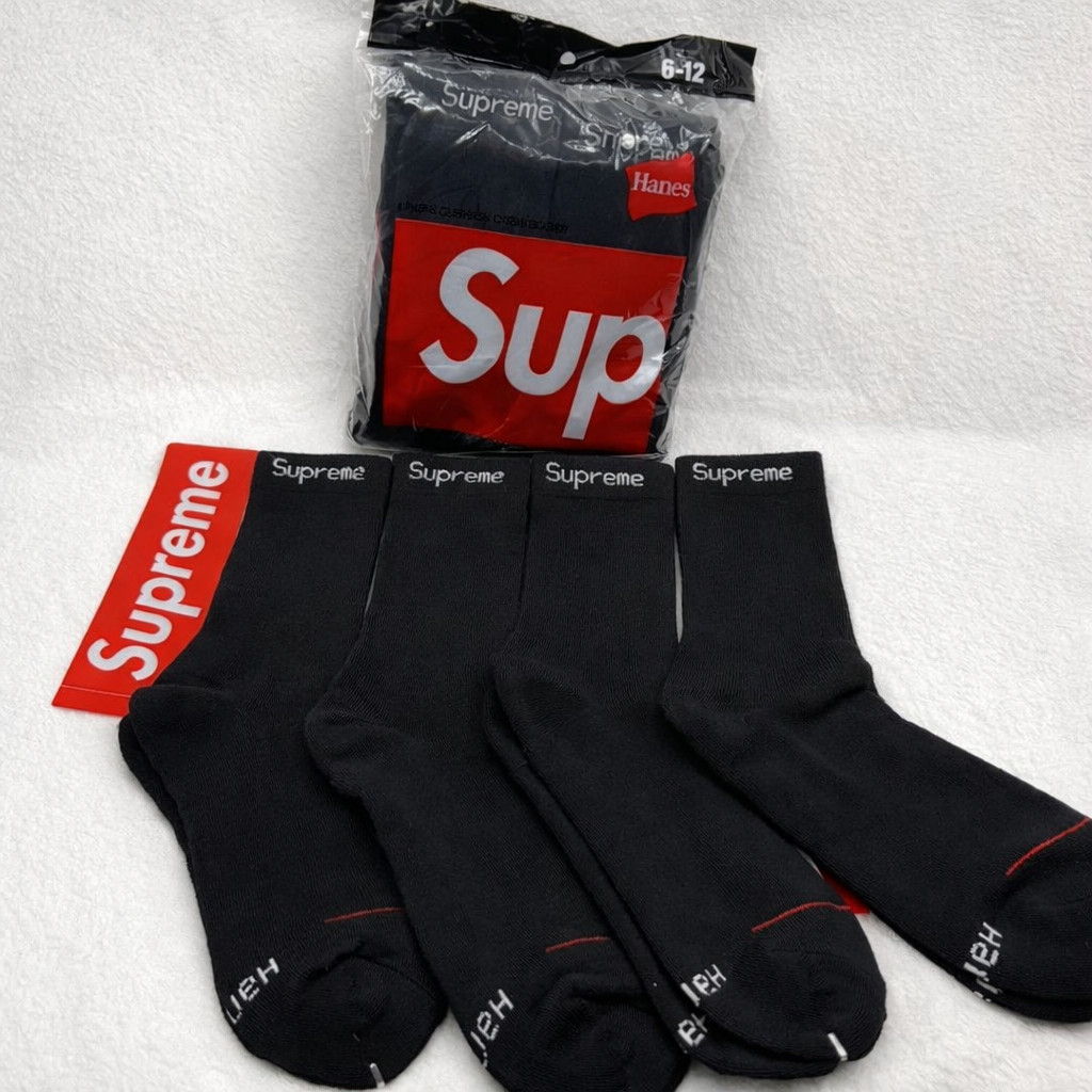 Supreme Hanes Black Crew Socks 4 Pack Size 6-12 Streetwear Multipack