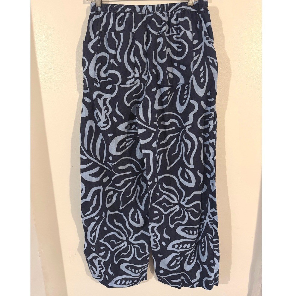 Cynthia Rowley Blue Abstract 100% Linen Wide Leg Pants S resortwear coastal boho