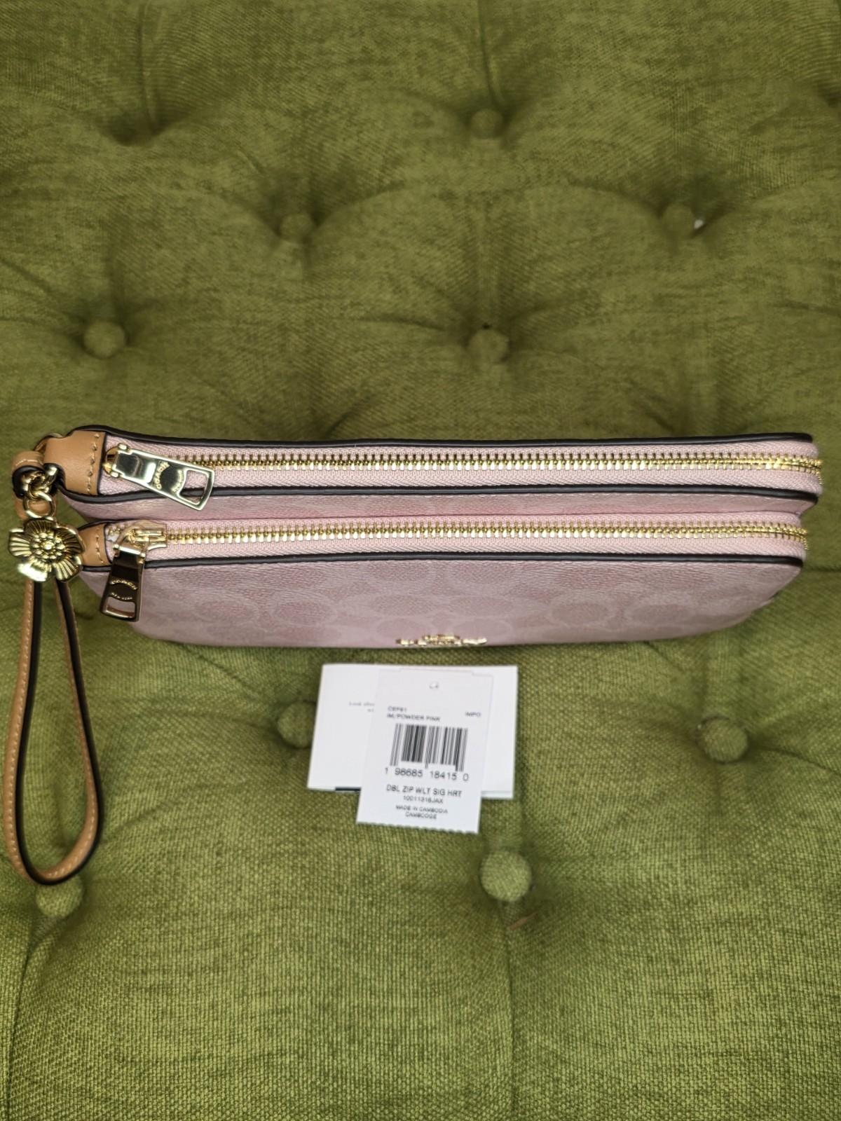 New Coach Double Zip Wristlet In Powder Pink Signature Canvas With Charms