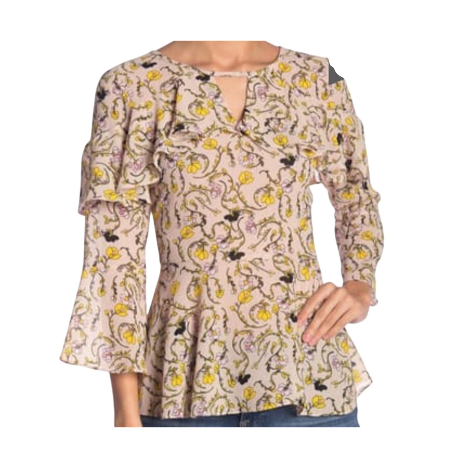 nwt cupcakes & cashmere Jessa Floral Rose Top size M Ruffle Collar Bell Sleeves