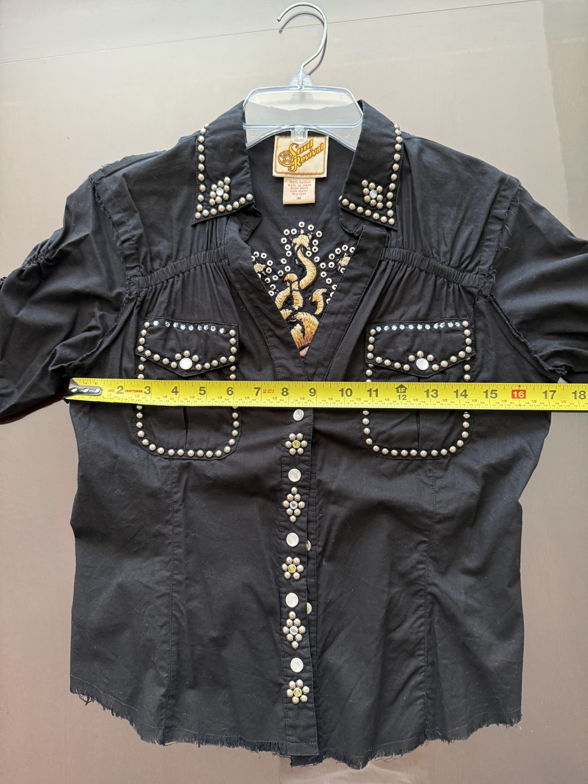 Soul Revival Black Cotton Western Snap Shirt Rhinestone Studs Embroidered M