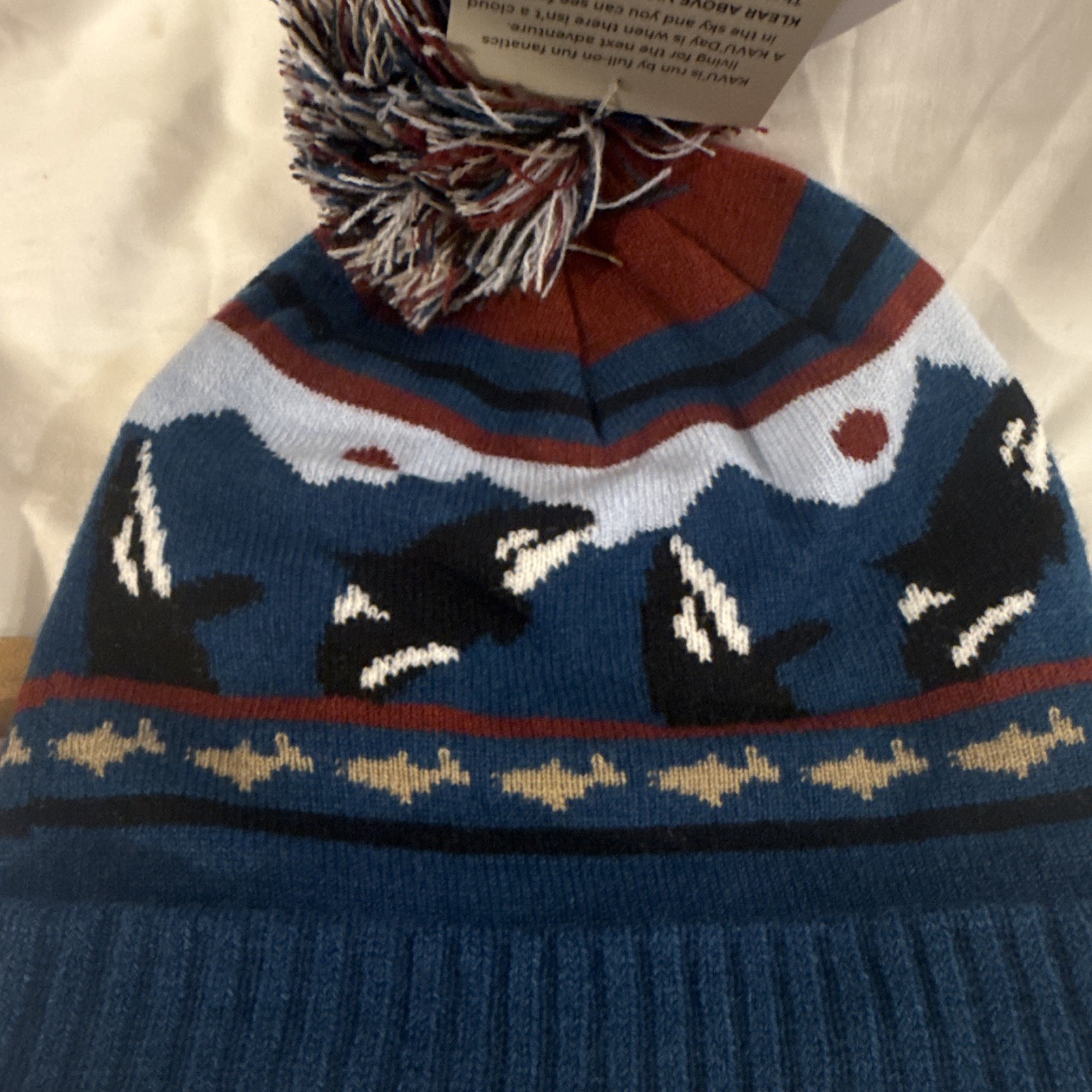 KAVU Orca Fair Isle Pom-Pom Beanie Hat Blue Black White Red One Size Men’s
