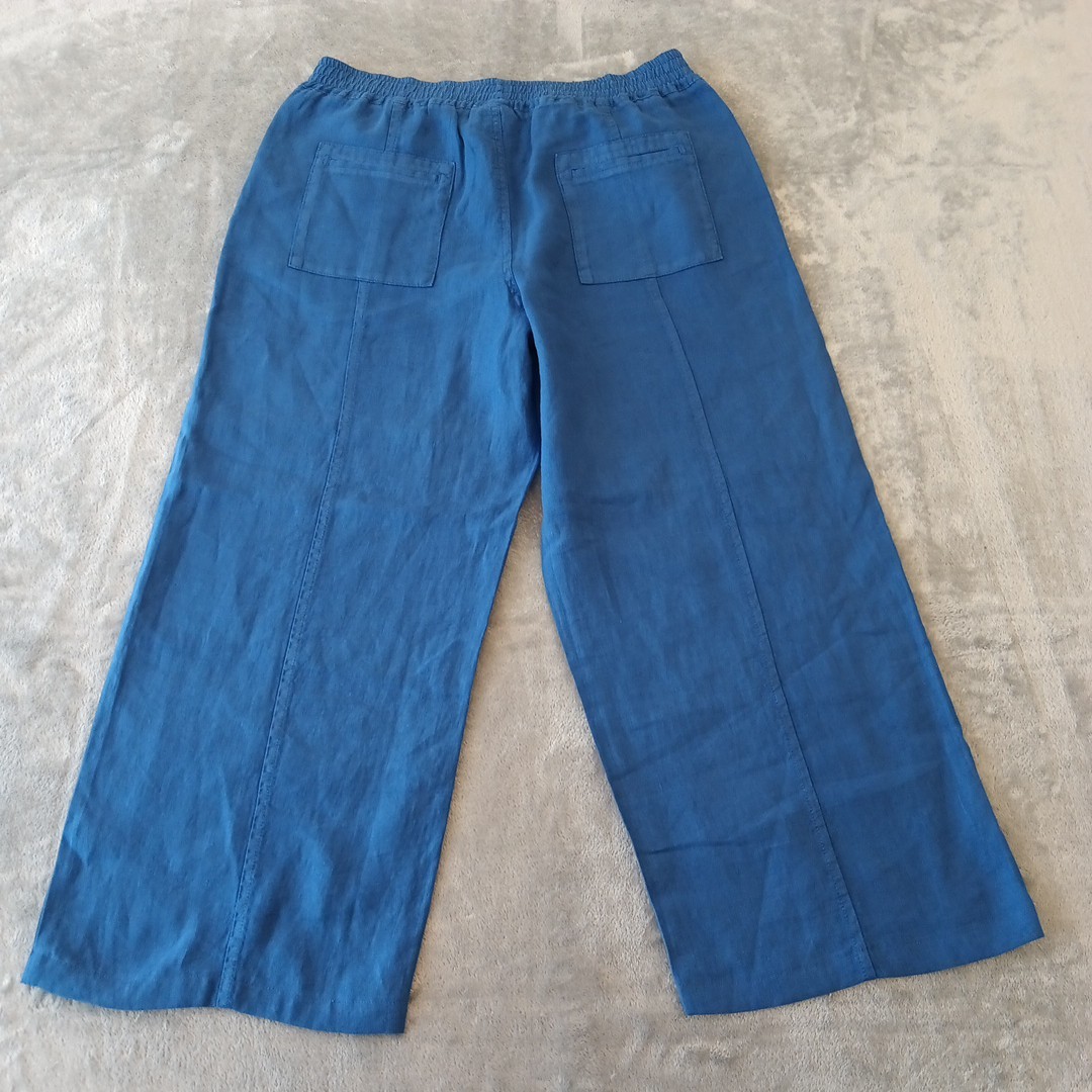 Wrap London Ankle Pants Womens Size 12 Blue Wide Leg Linen Pull On Pockets