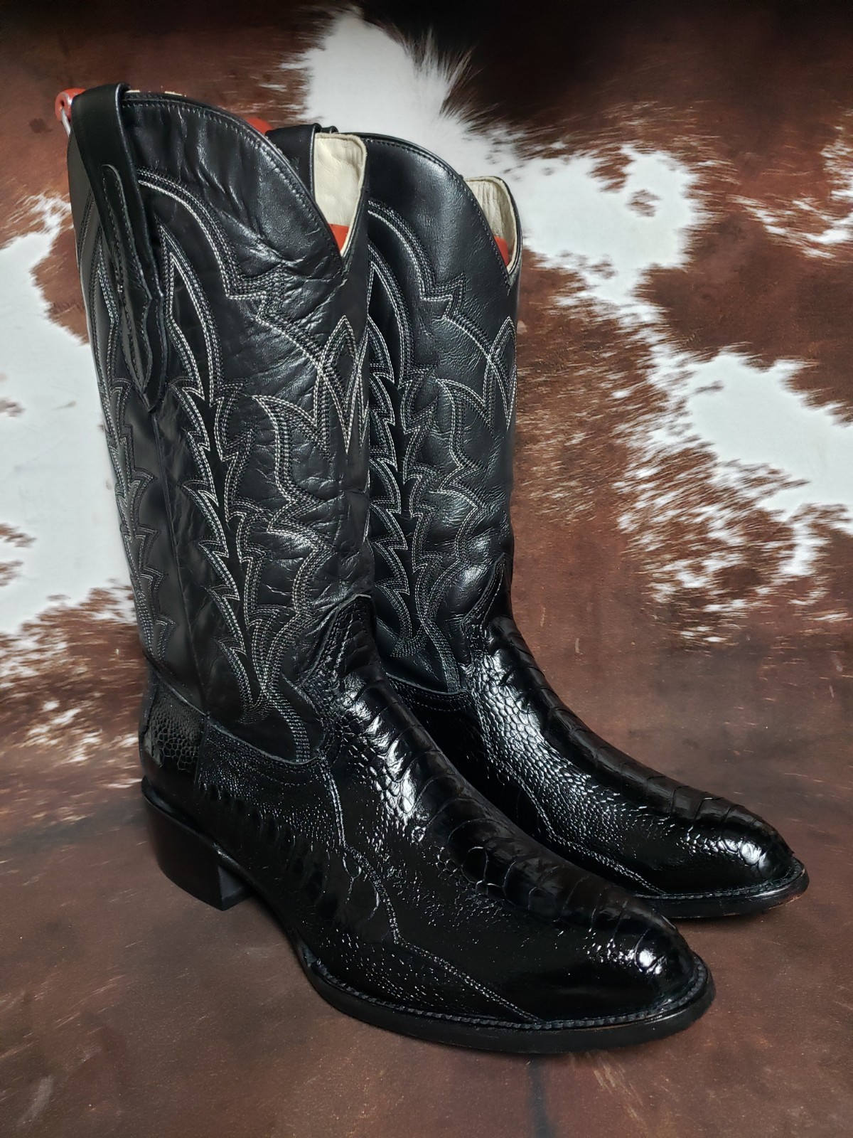J Chisholm Vintage Genuine Ostrich Leg Black Western Cowboy Boots Mens 12 EE