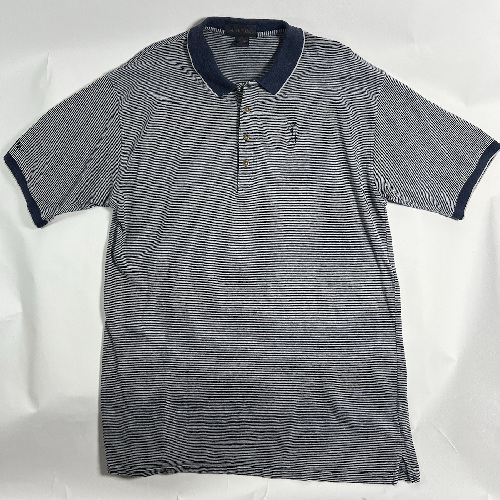 Antigua Men’s XL Regular Polo Shirt Navy/White Striped S/S Collared Button Logo