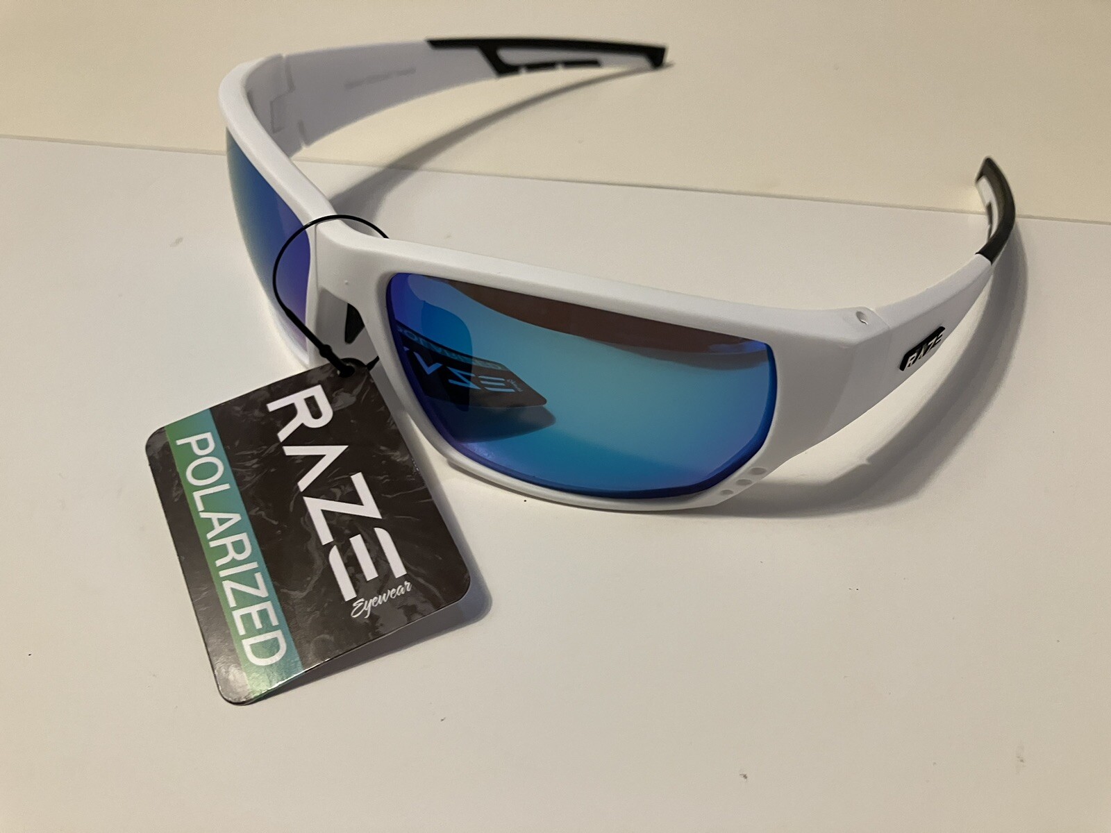 RAZE Eyewear Sunglasses Sonar Polarized White Blue Mirror Smoke 28444