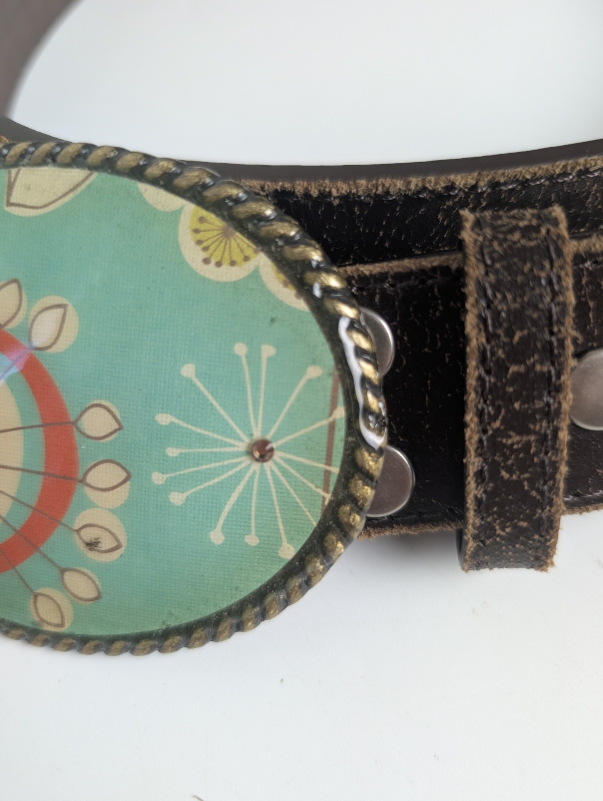 Genuine Leather Brown Belt Teal Floral Oval Buckle Removable Snap Closure