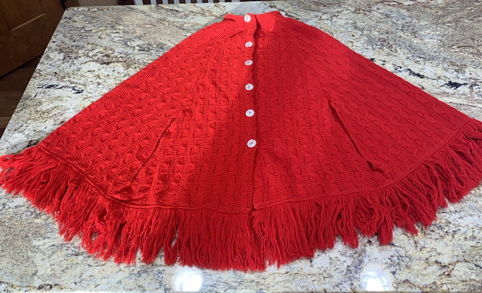 Montgomery Ward Button Up Acrylic Knit Poncho Fringe Red Vtg 70’s Sweater