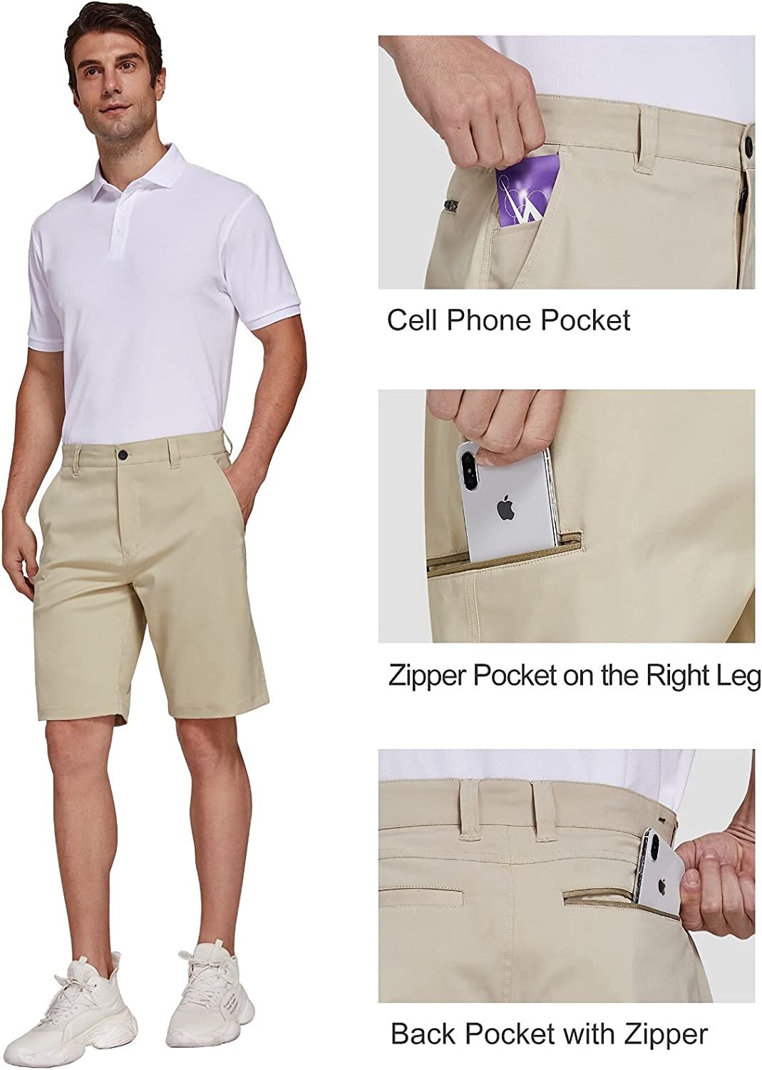 Men’s Golf Shorts Stretch Chino Lightweight Quick Dry Flat Front Work Half Pants
