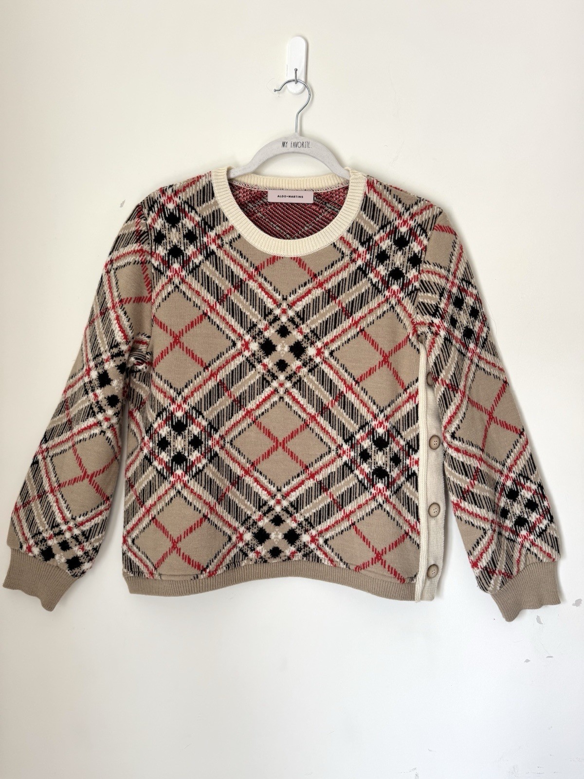 Aldomartins Plaid Sweater Women’s Medium Merino Wool Blend Side Buttons Preppy