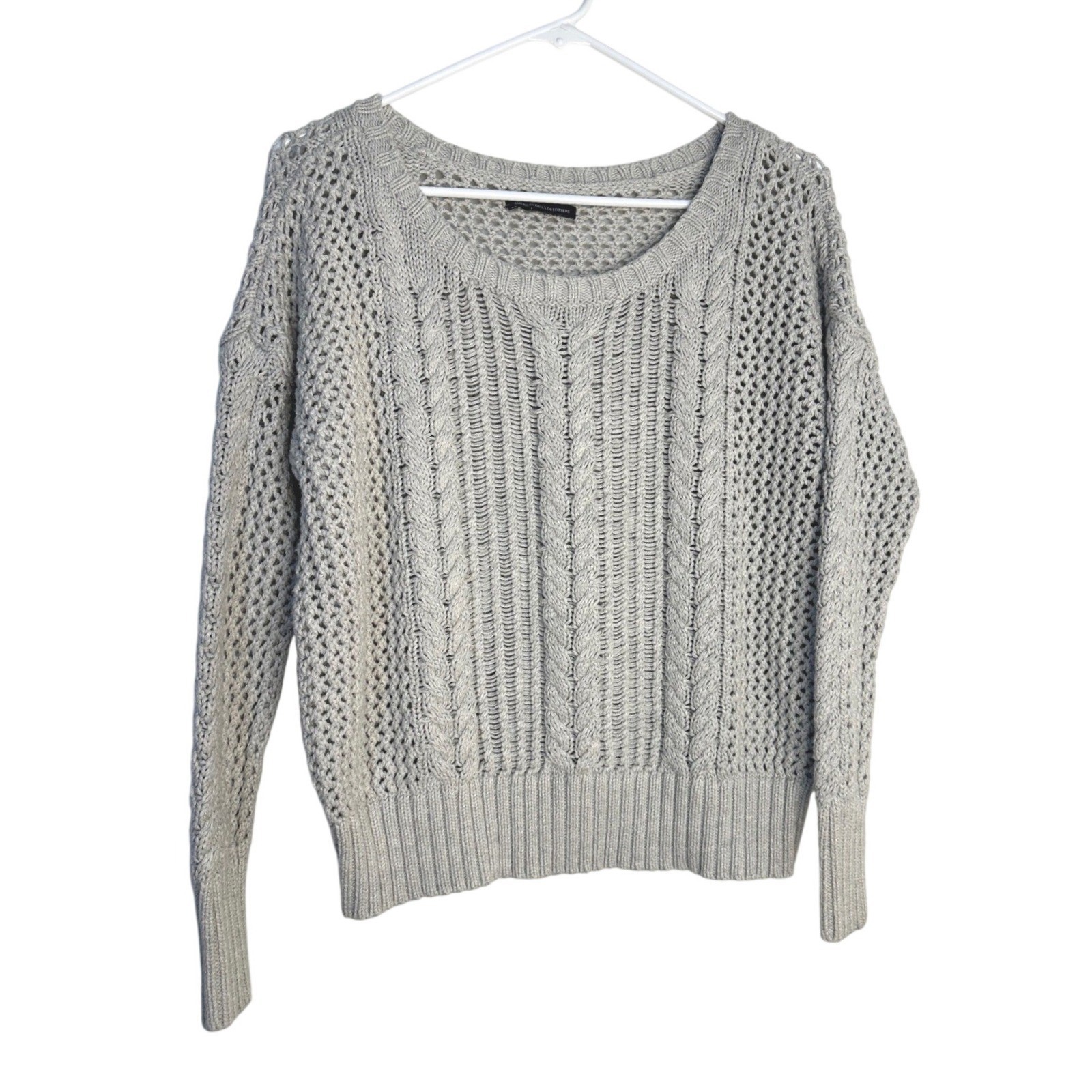 American Eagle Sweater Women Grey Excellent Cable Knit Open Weave Scoop Neck