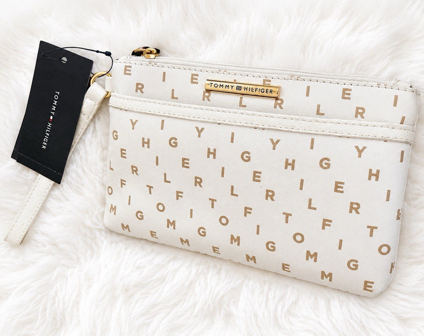 Tommy Hilfiger Ivory/Gold Logo Zip Wristlet Clutch Pouch Gold Hardware Lined