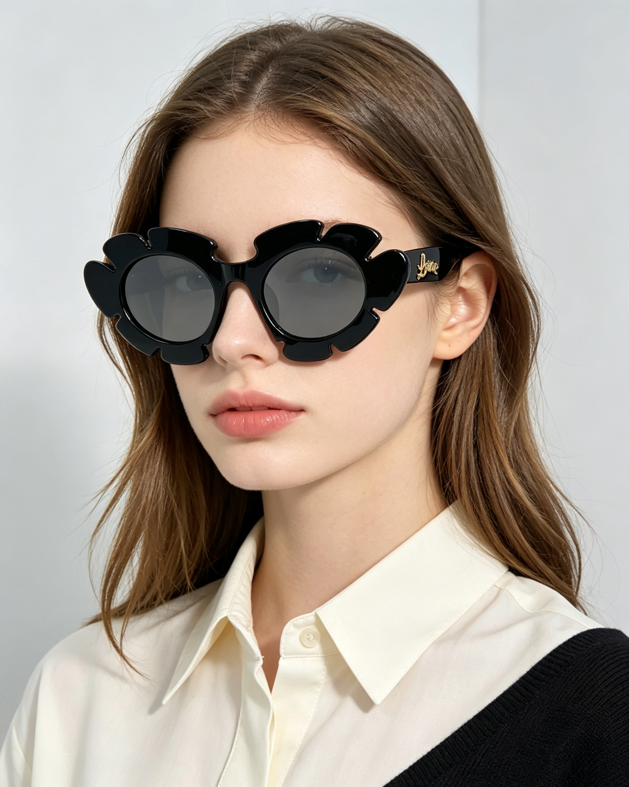 Loewe Flower Oval Sunglasses Black Acetate Frame Dark Grey Lens LW40088U