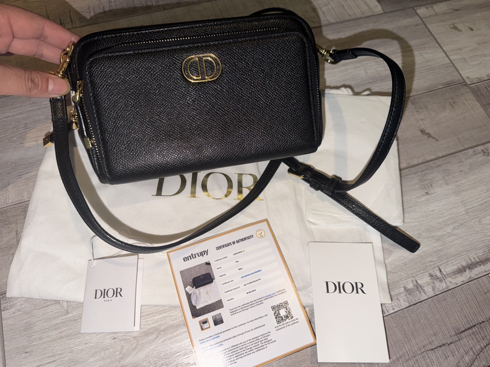 CHRISTIAN DIOR Caro Grained Leather Double Pouch Crossbody Bag Black