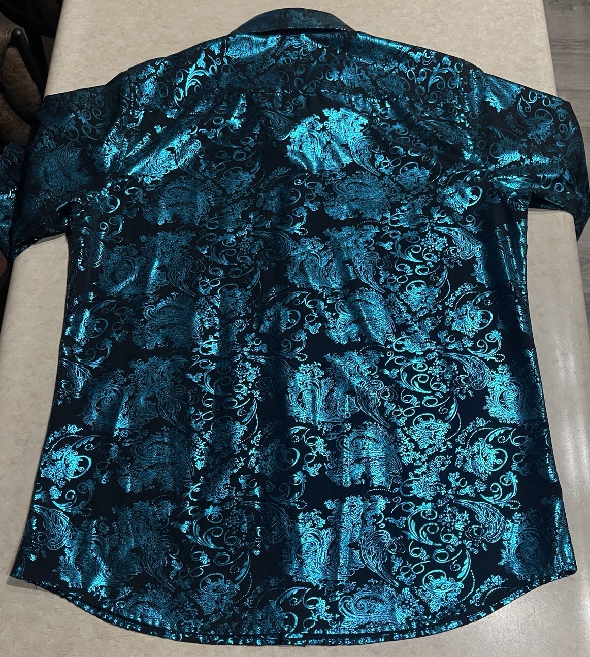 Barry Wang Men’s Blue & Black Paisley Print Button Down Front Dress Shirt Sz M