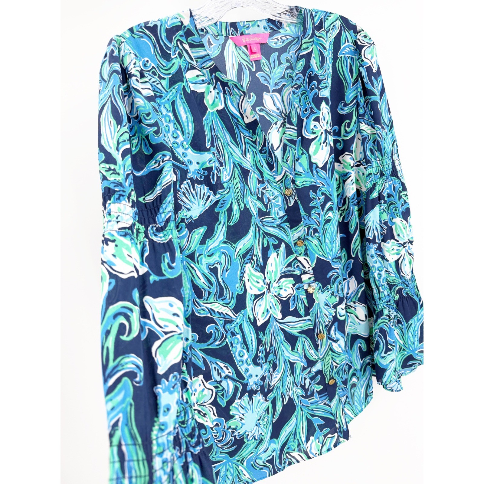 Lilly Pulitzer Maritza Top High Tide Take It or Leaf It Blue Floral Blouse S