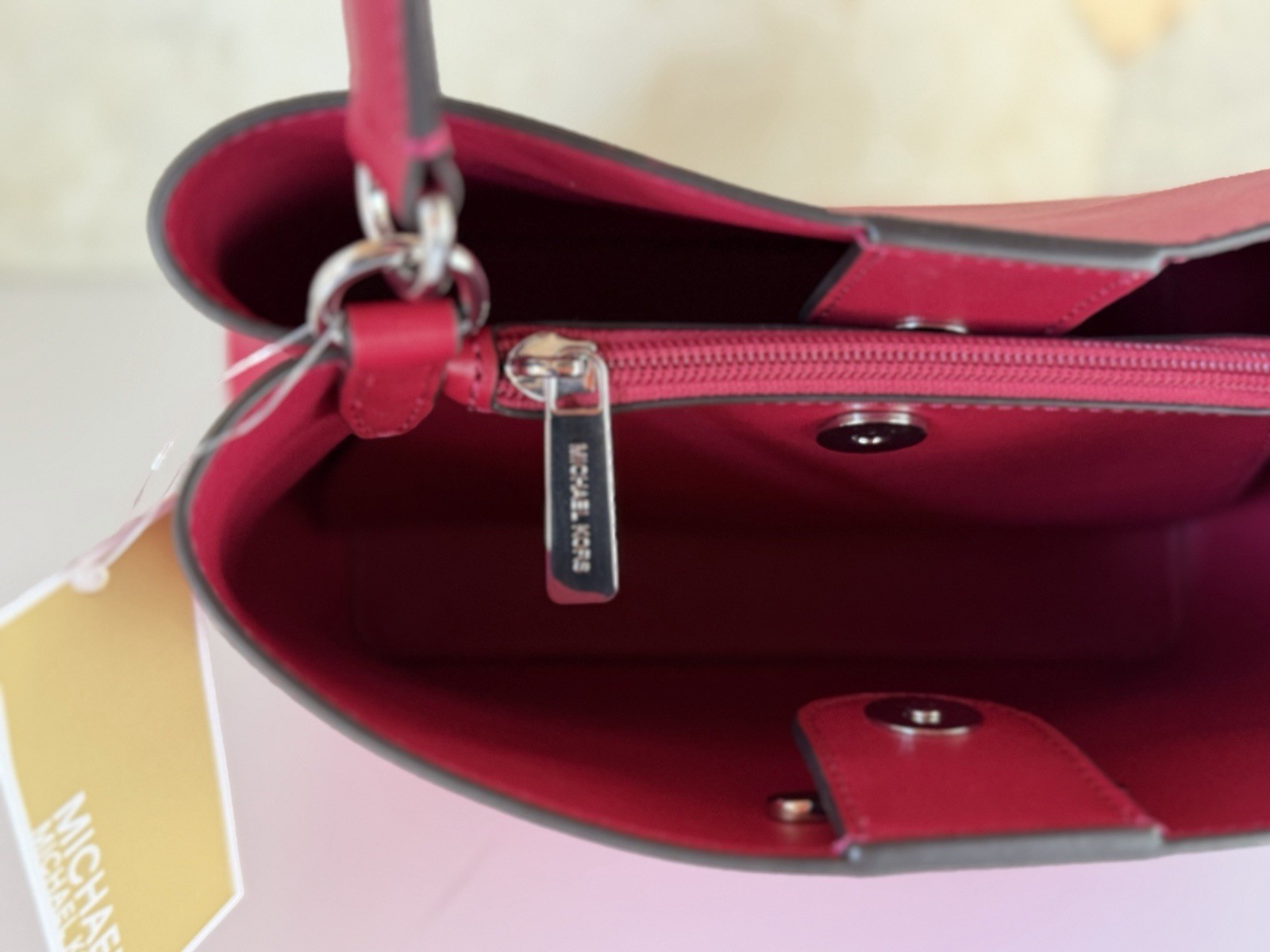 Michael Kors Pratt Medium Bucket Shoulder Tote Bag Dark Raspberry