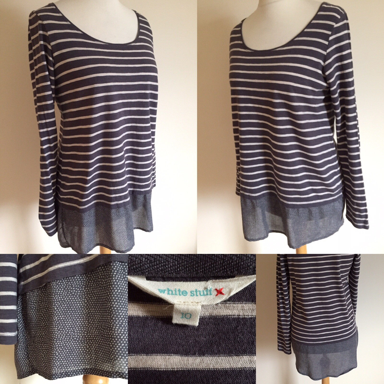 WHITE STUFF Grey Striped OTTO Tunic Top Sz 10 L28” CHIFFON LAYER Oversized
