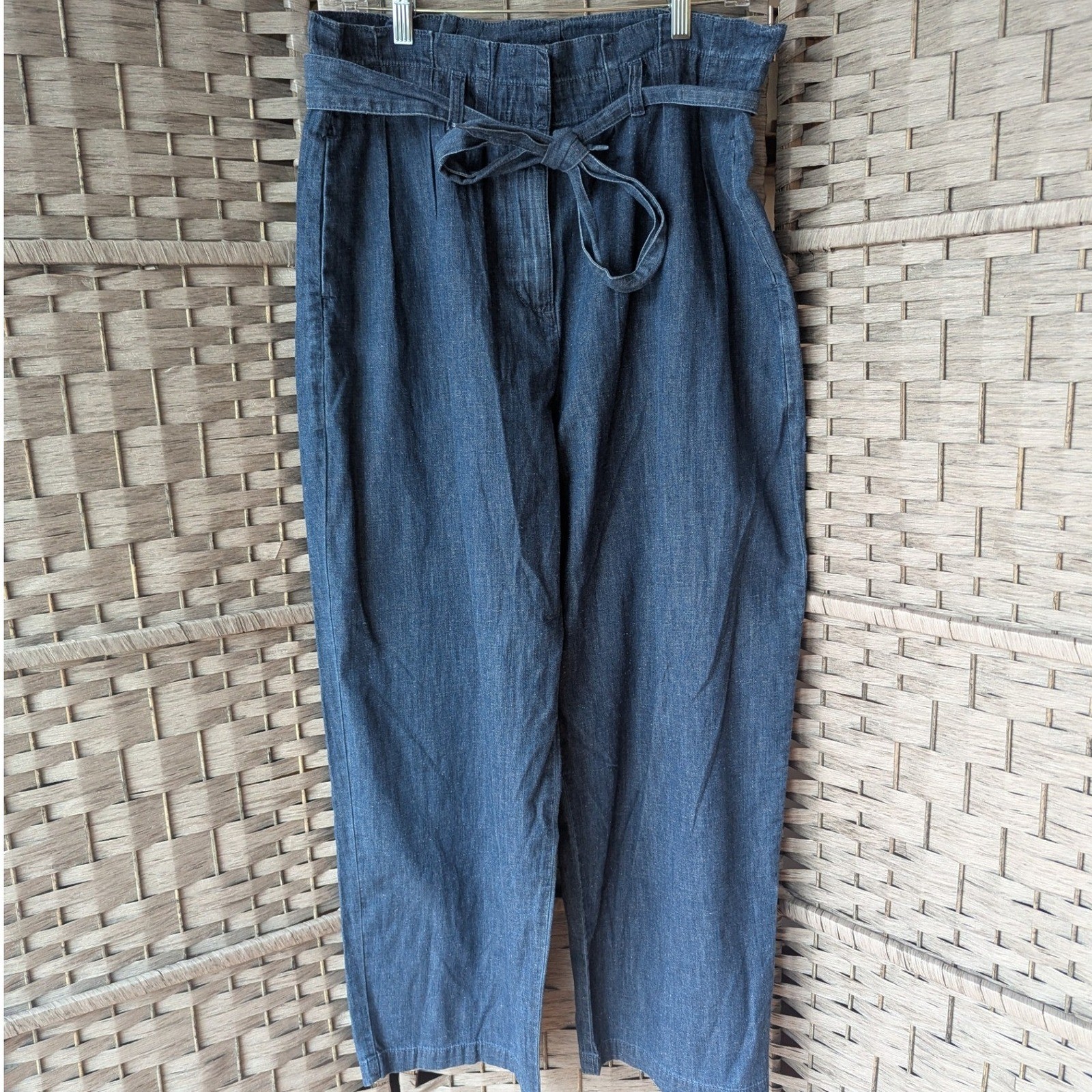 J.Crew Paperbag Pants Blue Chambray Denim Tie Waist Pleated Sz 14 Medium Wash